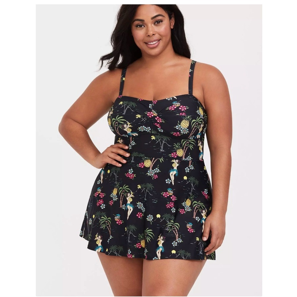 Torrid 3X Hula Girl Swim Dress Black Tropical Skirted One Piece Retro - Picture 2 of 15